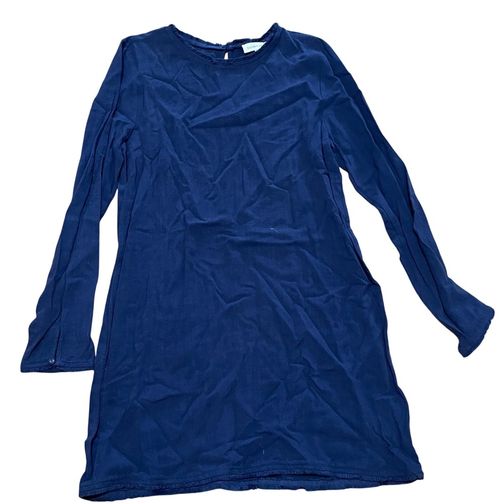 SUGAR+LIP2 Navy Blue Long‎ Sleeve Shift Dress Women's Lg Viscose Linen Blend NWT